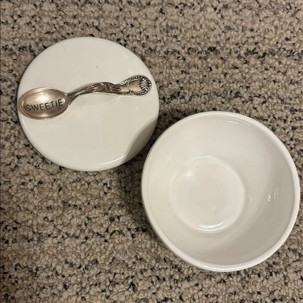 Mudpie White Sugar Bowl with Silver Spoon Handle on Lid